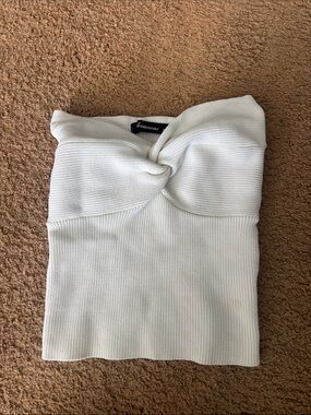 Stitch and Feather Off-Shoulder Twist-Front Sweater Top in Cream